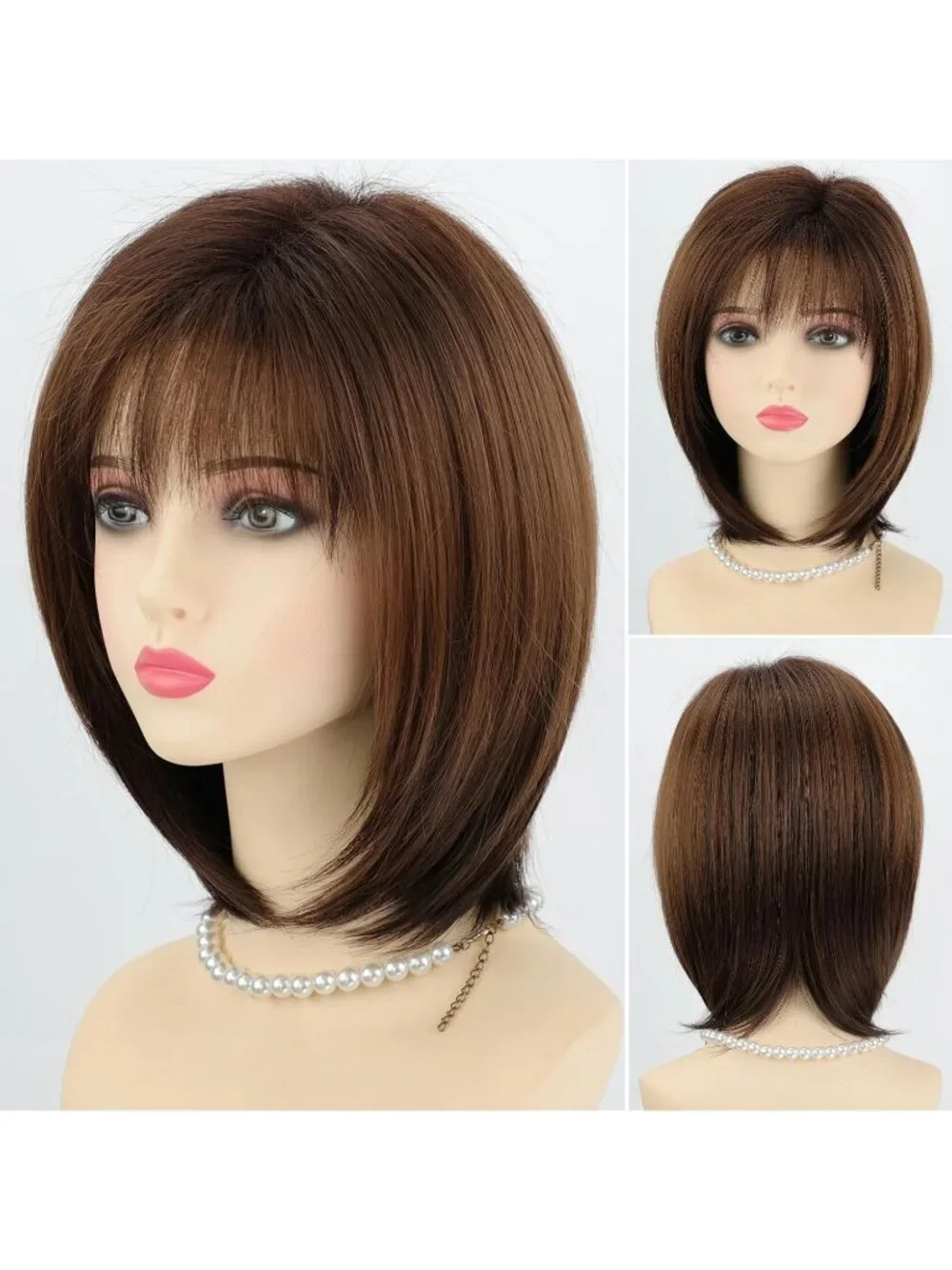 Women's Omber Brown 12 Inch Mid Length Heat Synthetic Straight Layered Bob Wigs
